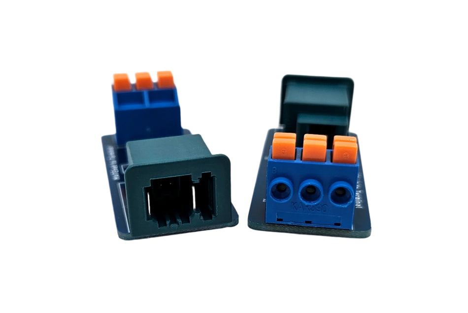 TE MATEnet male to terminal block PCB adapter front and back view