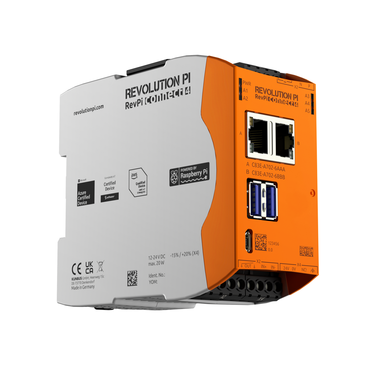 KUNBUS Revolution Pi Rev Pi Connect 4 left side and front view