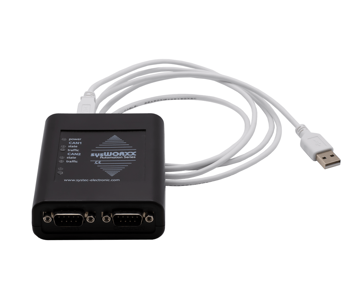 SYS-3204003 SYS TEC USB-CANmodul2 (dual CAN, opto-isolated) front view with cord