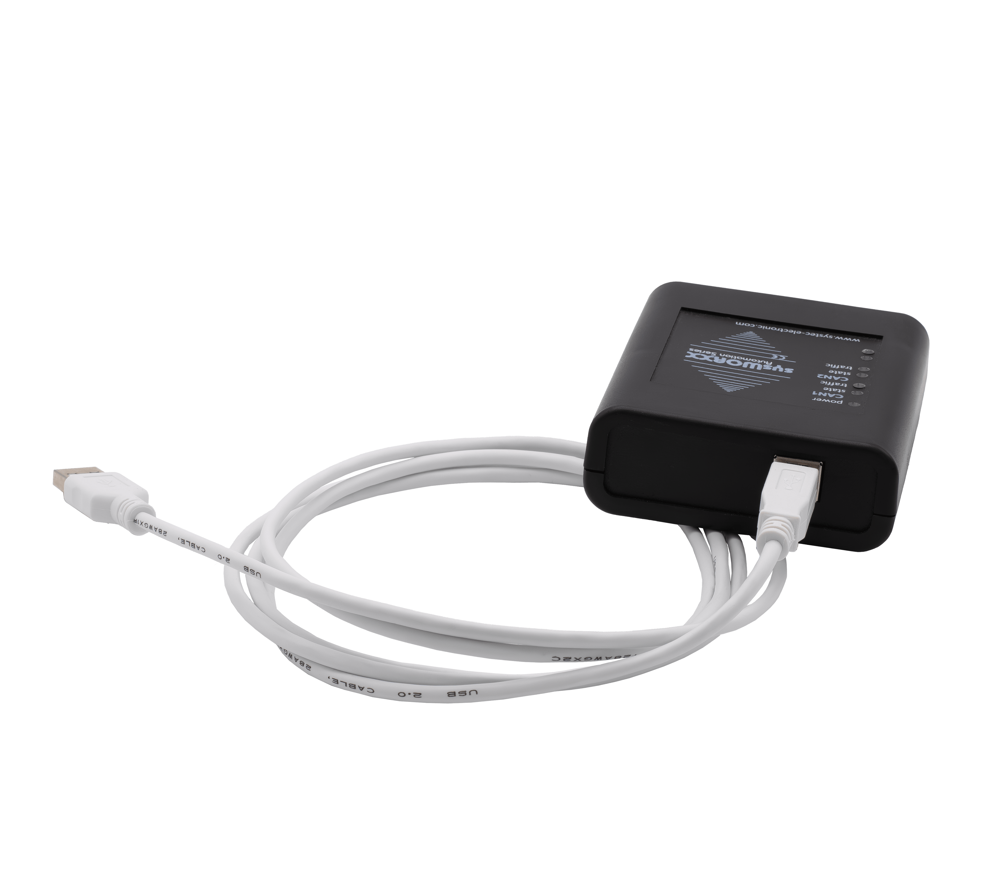 SYS-3204003 SYS TEC USB-CANmodul2 (dual CAN, opto-isolated) top view with cord connected