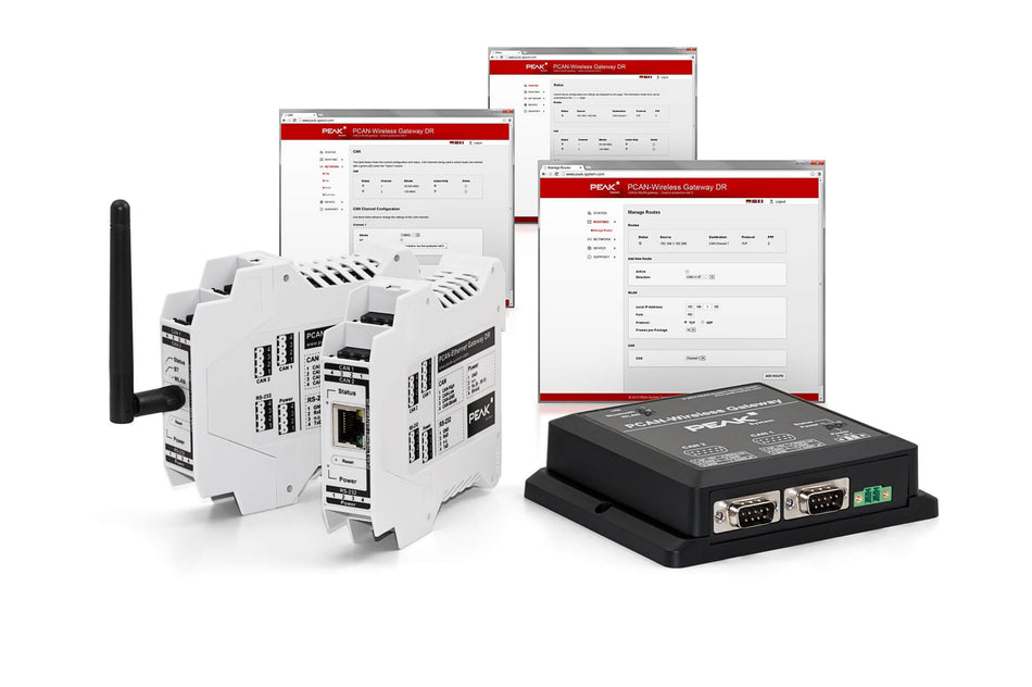 PEAK-System Technik PCAN-WLAN Gateway DR IPEH-004011 product suite shot with antenna data screens and PCAN-Wireless Gateway