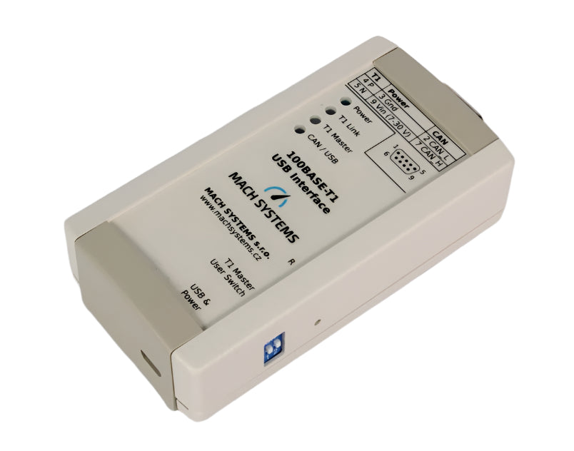 Mach Systems MA-100BASET1-USB-IF100Base-T1 USB Interface front and left view