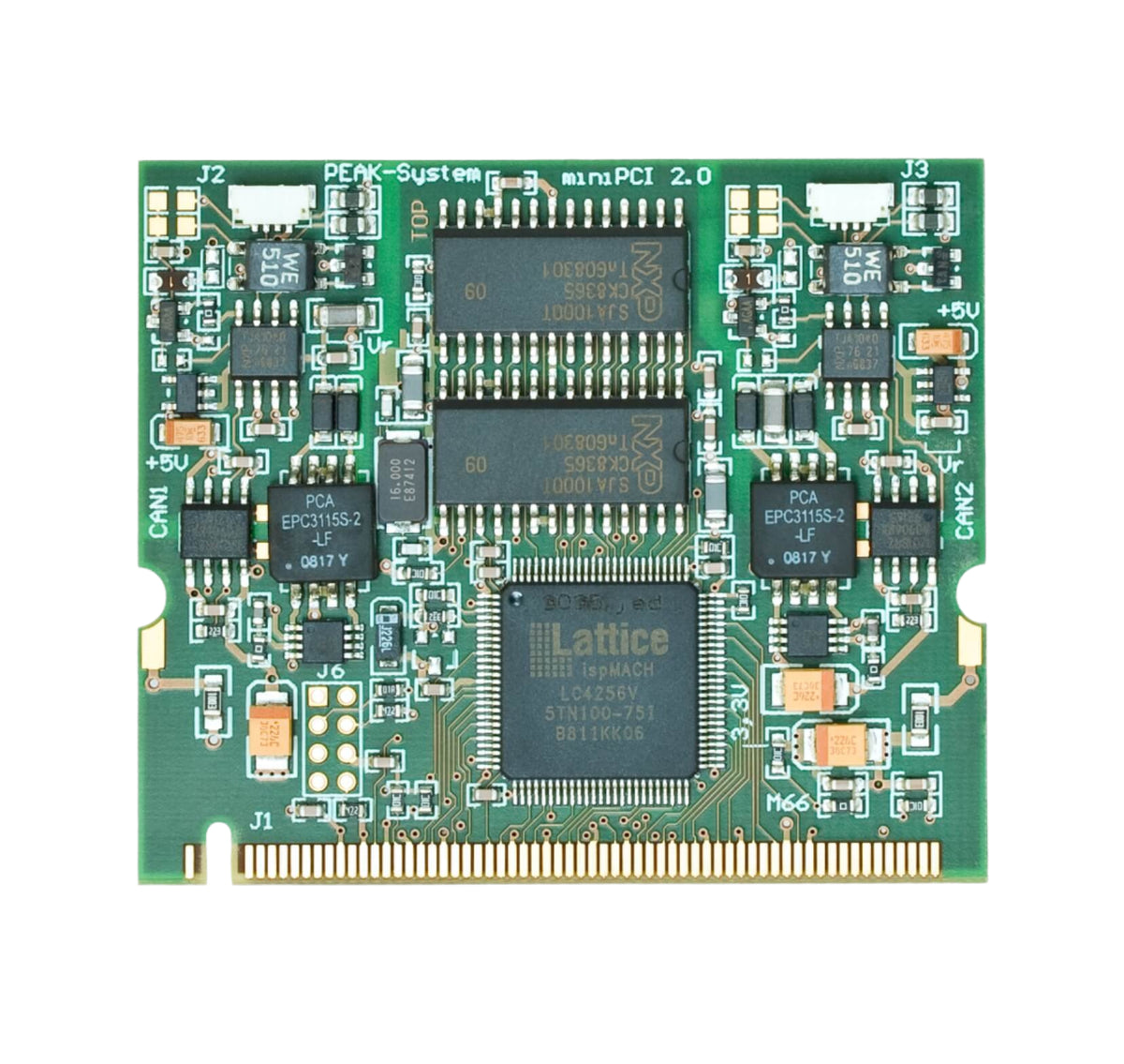 PCAN-miniPCI card (1ch/2ch) IPEH-003044 bare circuit board top down view