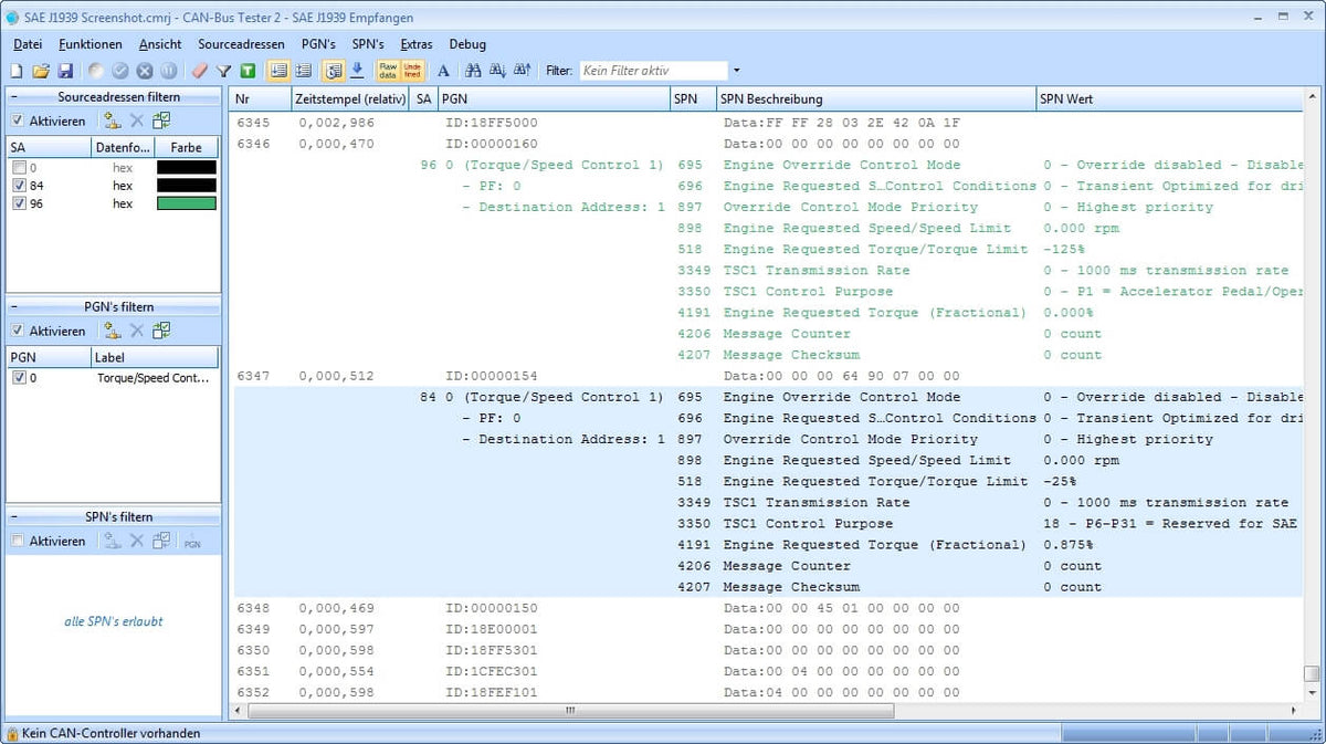 GEMAC CAN-Bus Tester 2: Protocol Monitor J1939 (Receive) data screen