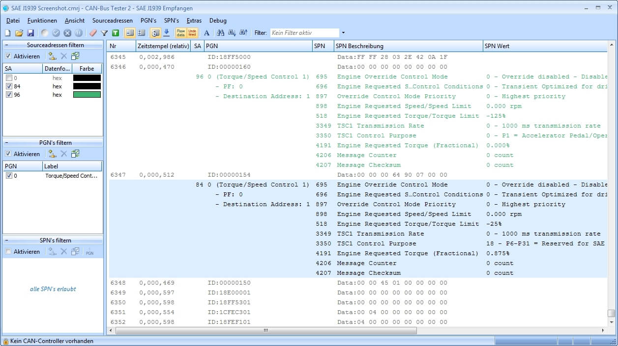 GEMAC CAN-Bus Tester 2: Protocol Monitor J1939 (Receive) data screen