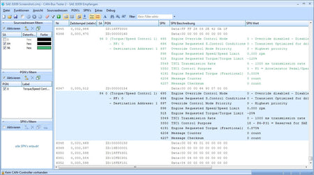 GEMAC CAN-Bus Tester 2: Protocol Monitor J1939 (Receive) data screen