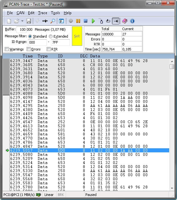 PEAK PCAN Trace IPES-002027 PCAN-Trace Data Logger data screen