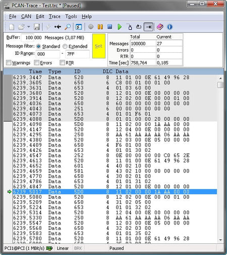 PEAK PCAN Trace IPES-002027 PCAN-Trace Data Logger data screen