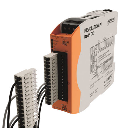 Kunbus KU-PR100197 RevPi DIO Module front and left view with wired connectors