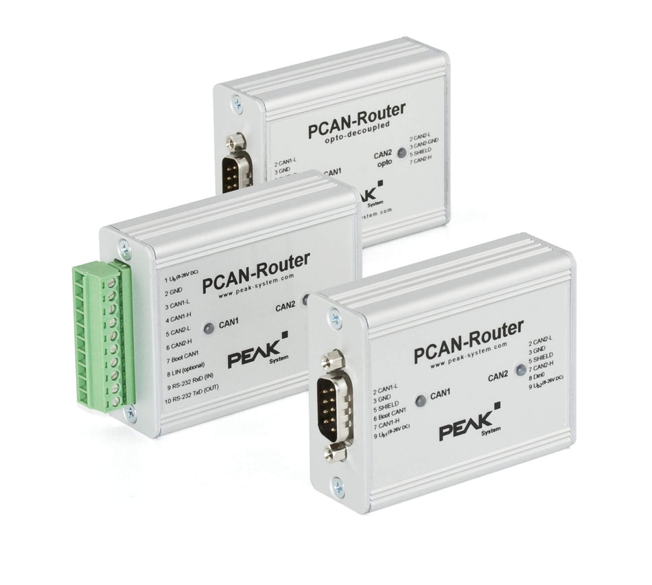 PEAK-System Technik PCAN-Router w/ Phoenix connector IPEH-002210-P product suite shot front and side views