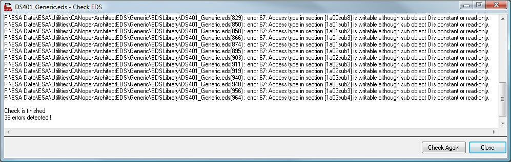 CANopen Architect Standard data screen error check view