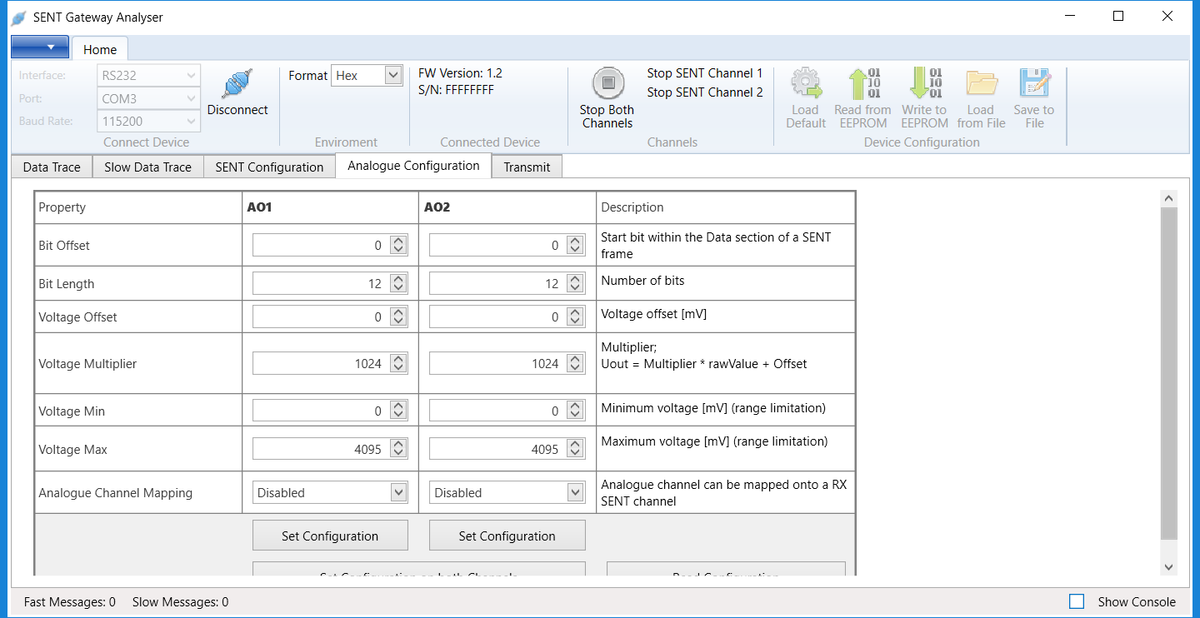 MA-SENT-RS232 computer data screen: analogue configuration