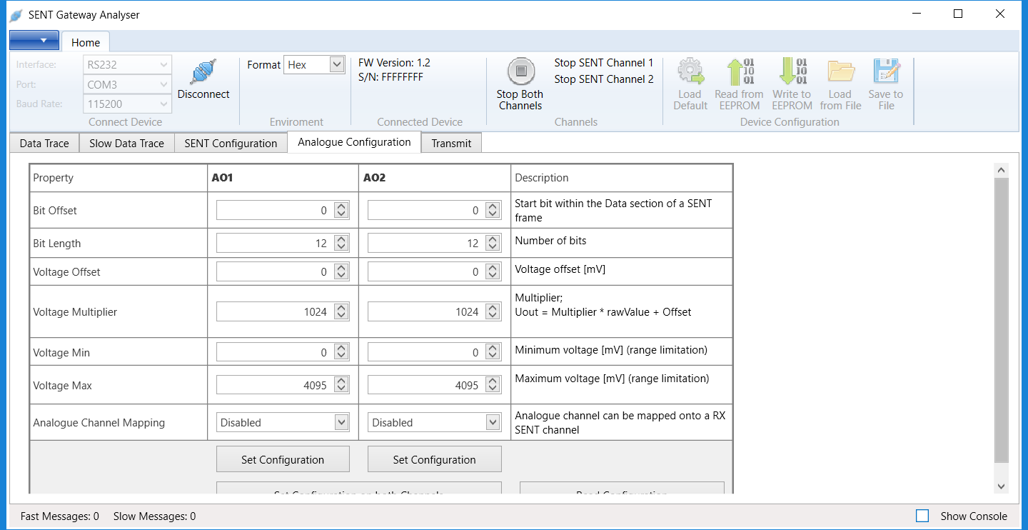 MA-SENT-RS232 computer data screen: analogue configuration