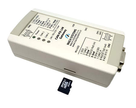 MACH SYSTEMS MA-CANFD-LIN-GW CAN-FD LIN Gateway Top view with Micro SD 8g chip