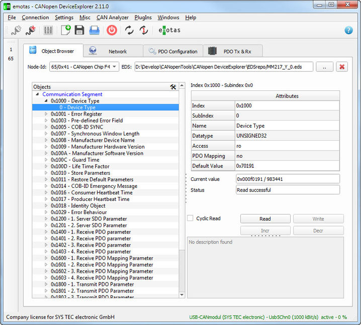 SYS TEC electronic GmbH CANopen DeviceExplorer screen view basic version