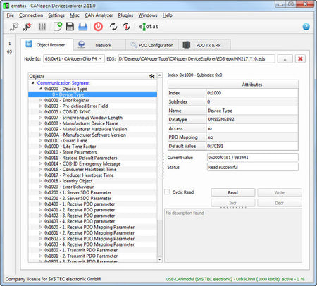 SYS TEC electronic GmbH CANopen DeviceExplorer Screen view of full version