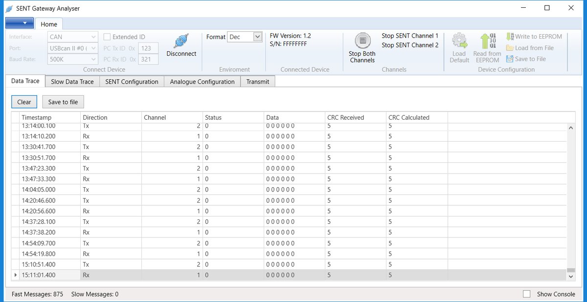 MA-SENT-RS232 computer data screen: data trace
