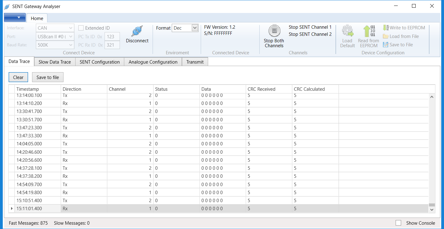 MA-SENT-RS232 computer data screen: data trace
