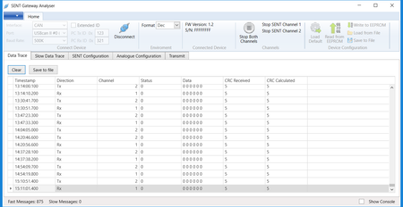MA-SENT-RS232 computer data screen: data trace