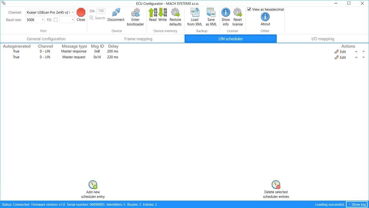 MACH SYSTEMS MA-CAN-LIN-GW-ECU CAN-LIN Gateway ECU LIN Scheduler screen view