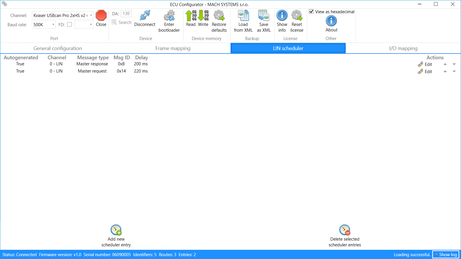MACH SYSTEMS MA-CAN-LIN-GW-ECU CAN-LIN Gateway ECU LIN Scheduler screen view