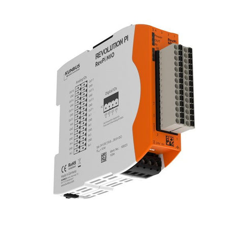 Kunbus KU-PR100323 RevPi MIO – Analog & Digital I/O Module front, bottom and right side view