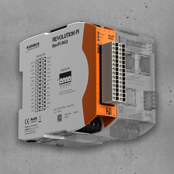 Kunbus KU-PR100323 RevPi MIO – Analog & Digital I/O Module right side and front view with phantom image of other RevPi product
