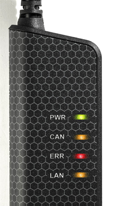 Kvaser Ethercan KV-00976-9 Light HS Ethernet to CAN interface front image indicator view closeup with green, red, and amber LED lights