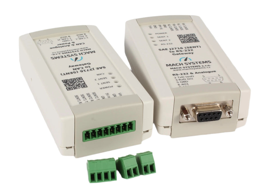 MA-SENT-RS232 SAE J2716 (SENT) to RS232 gateway top and bottom view