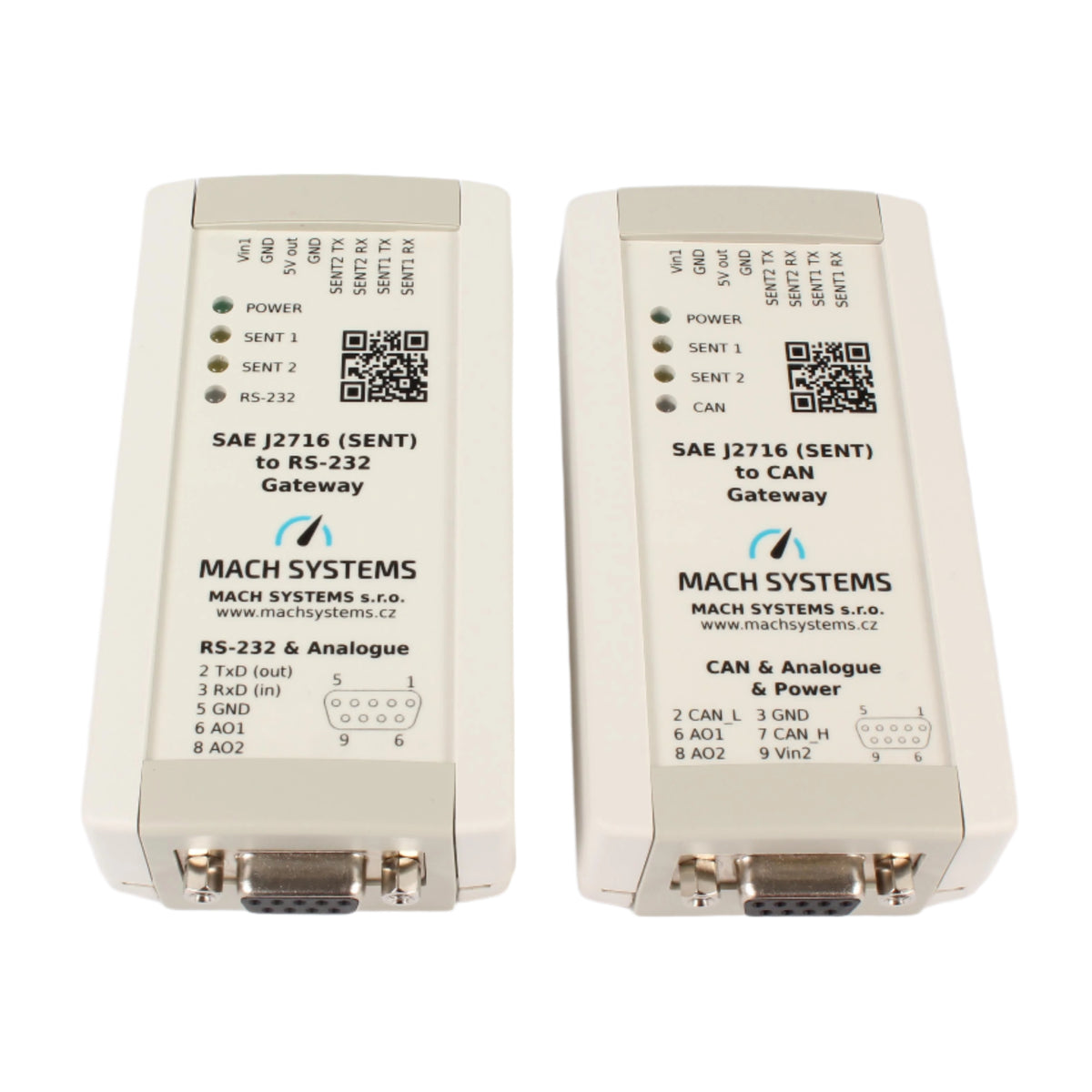 MA-SENT-RS232 SAE J2716 (SENT) to RS232 gateway and to Can Gateway front view of two devices 