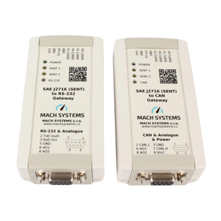 MA-SENT-RS232 SAE J2716 (SENT) to RS232 gateway and to Can Gateway front view of two devices 