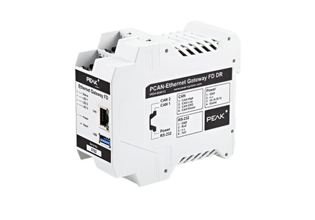 PEAK-System Technik PCAN Ethernet Gateway FD DR 01 front and left side view