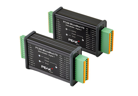 Peak system IPEH-003087 PCAN-MicroMod FD digital 1 and 2 front, top and right-side view
