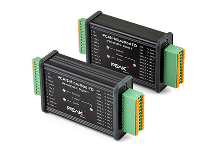Peak system IPEH-003087 PCAN-MicroMod FD Digital 1 and digital 2 front top, and right-side view