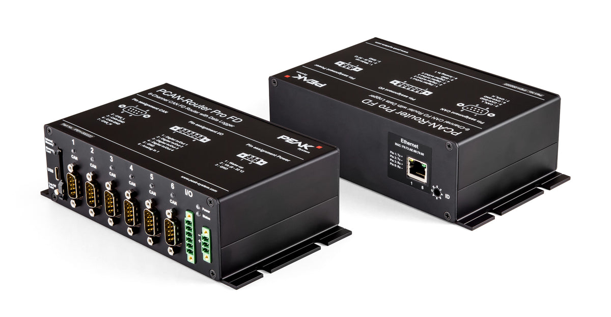 Peak Systems Technik IPEH-002220 PCAN Router Pro FD bottom and front view, and view of IPEH-002222 (w/ Ethernet interface) top view