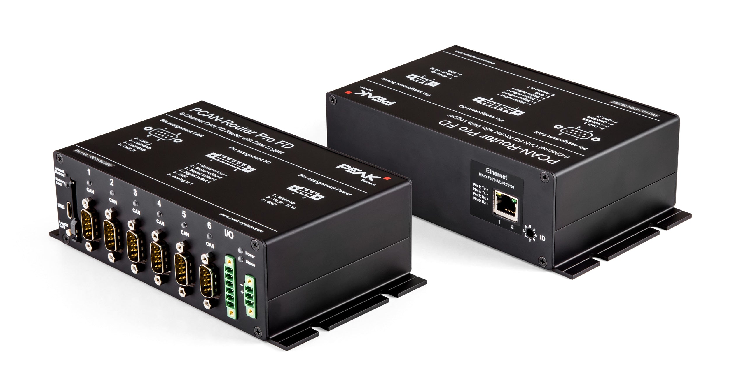 Peak Systems Technik IPEH-002220 PCAN Router Pro FD bottom and front view, and view of IPEH-002222 (w/ Ethernet interface) top view