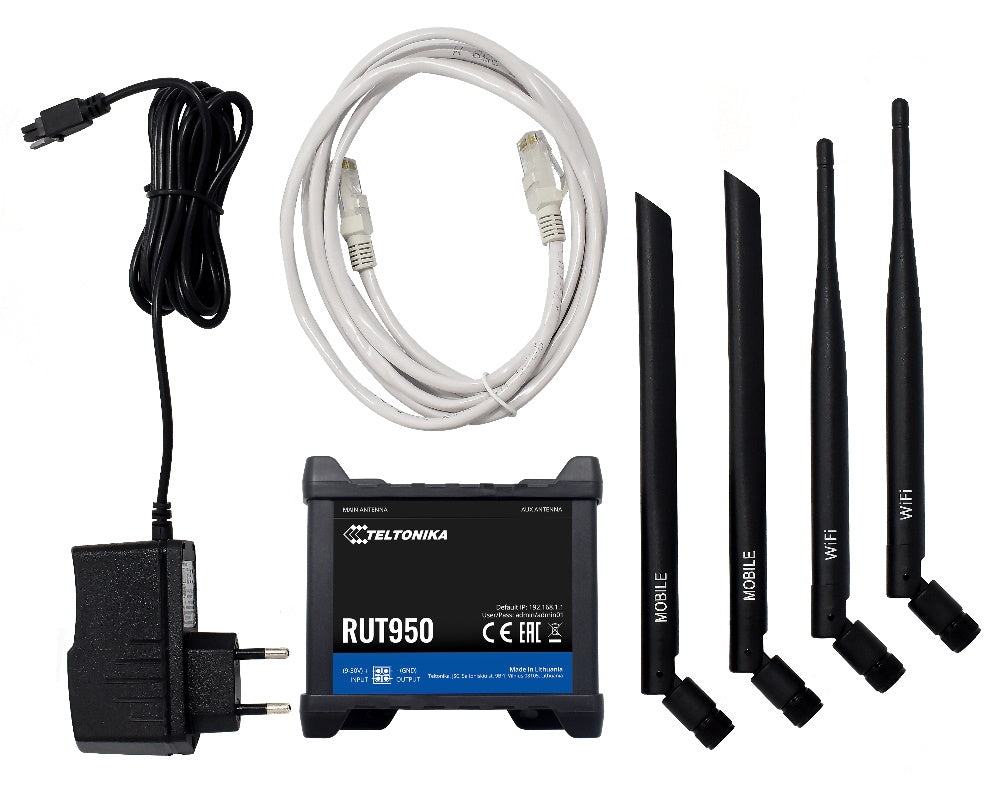 Teltonika Networks RUT950 Industrial Cellular Router full product, cords and mobile antennas view