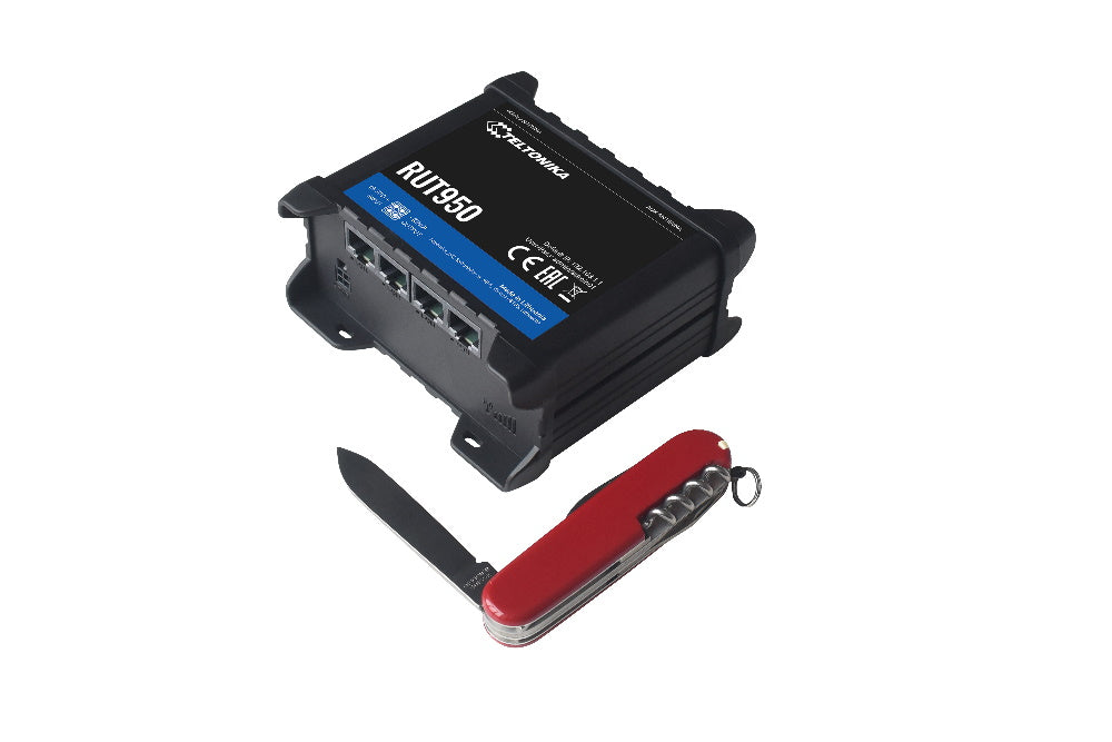 Teltonika Networks RUT950 Industrial Cellular Router product view next to Swiss army knife for size reference