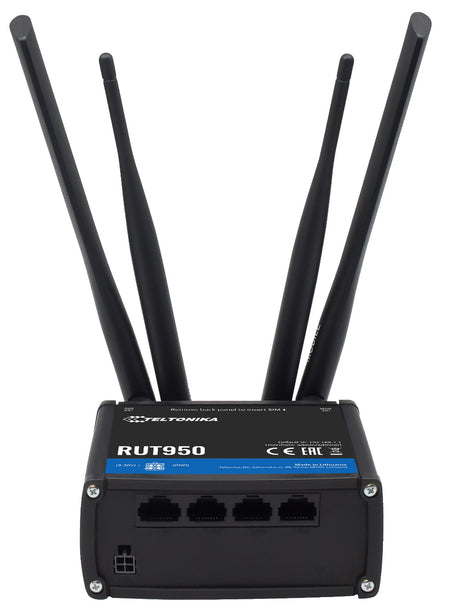 Teltonika Networks RUT950 Industrial Cellular Router showing four antennae and bottom view