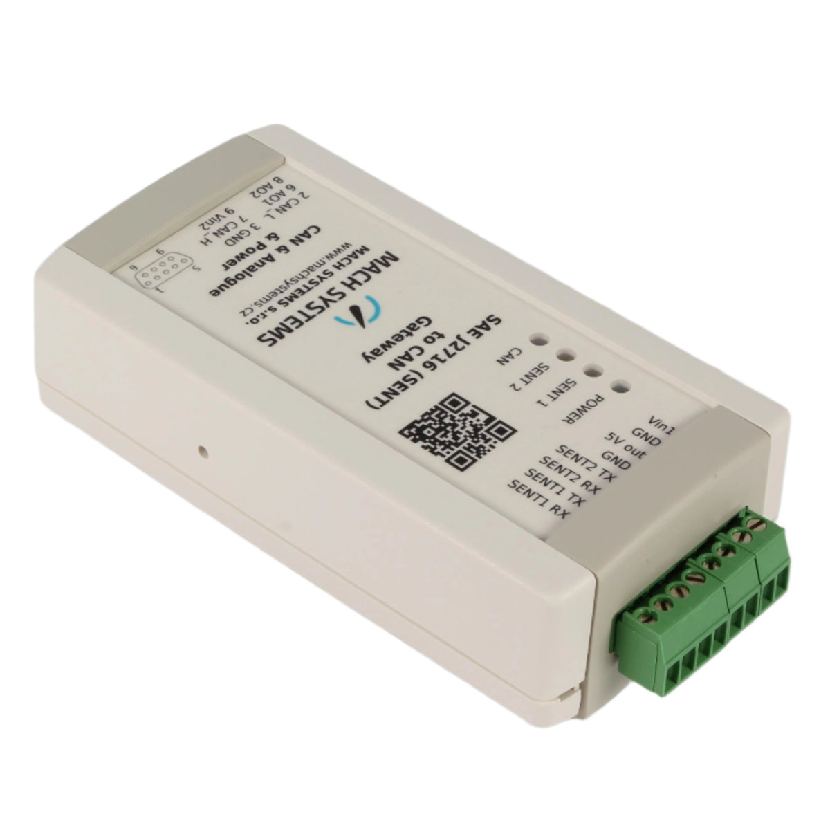 MA-SENT-CAN SAE J2716 (SENT) to CAN bus gateway front and top view