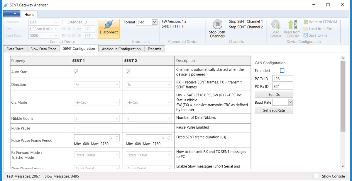MA-SENT-RS232 computer data screen: sent configuration 