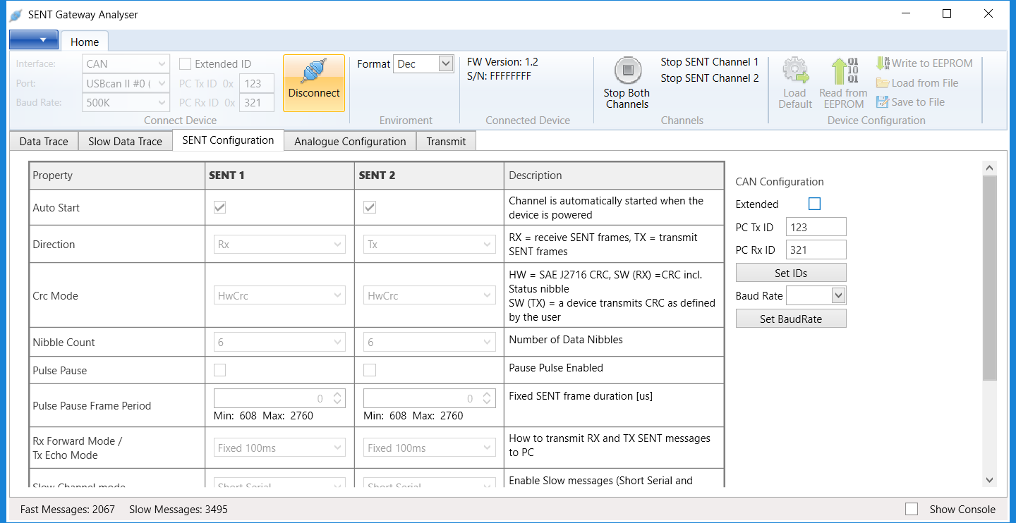 MA-SENT-RS232 computer data screen: sent configuration 
