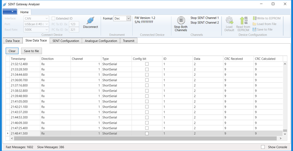 MACH SYSTEMS MA-SENT-can computer data screen: slow data trace