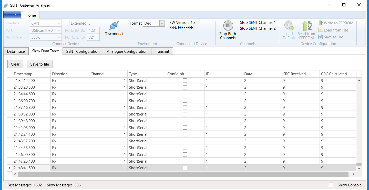 MACH SYSTEMS MA-SENT-can computer data screen: slow data trace