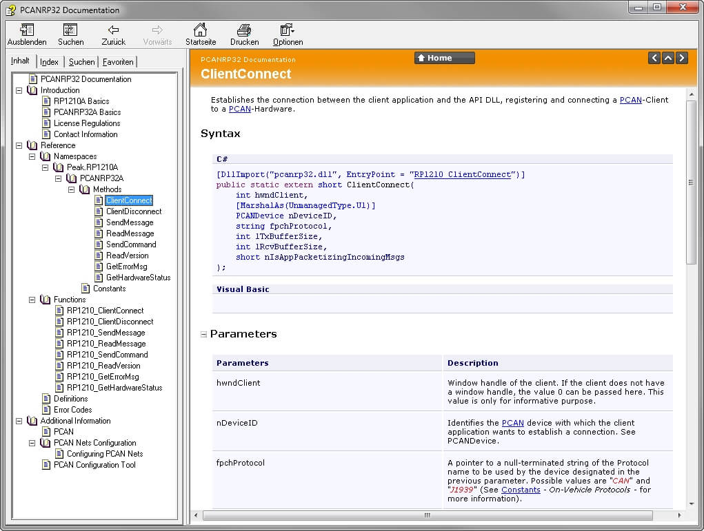 Peak PCAN-RP1210 API IPES-002099 data ClientConnect view example
