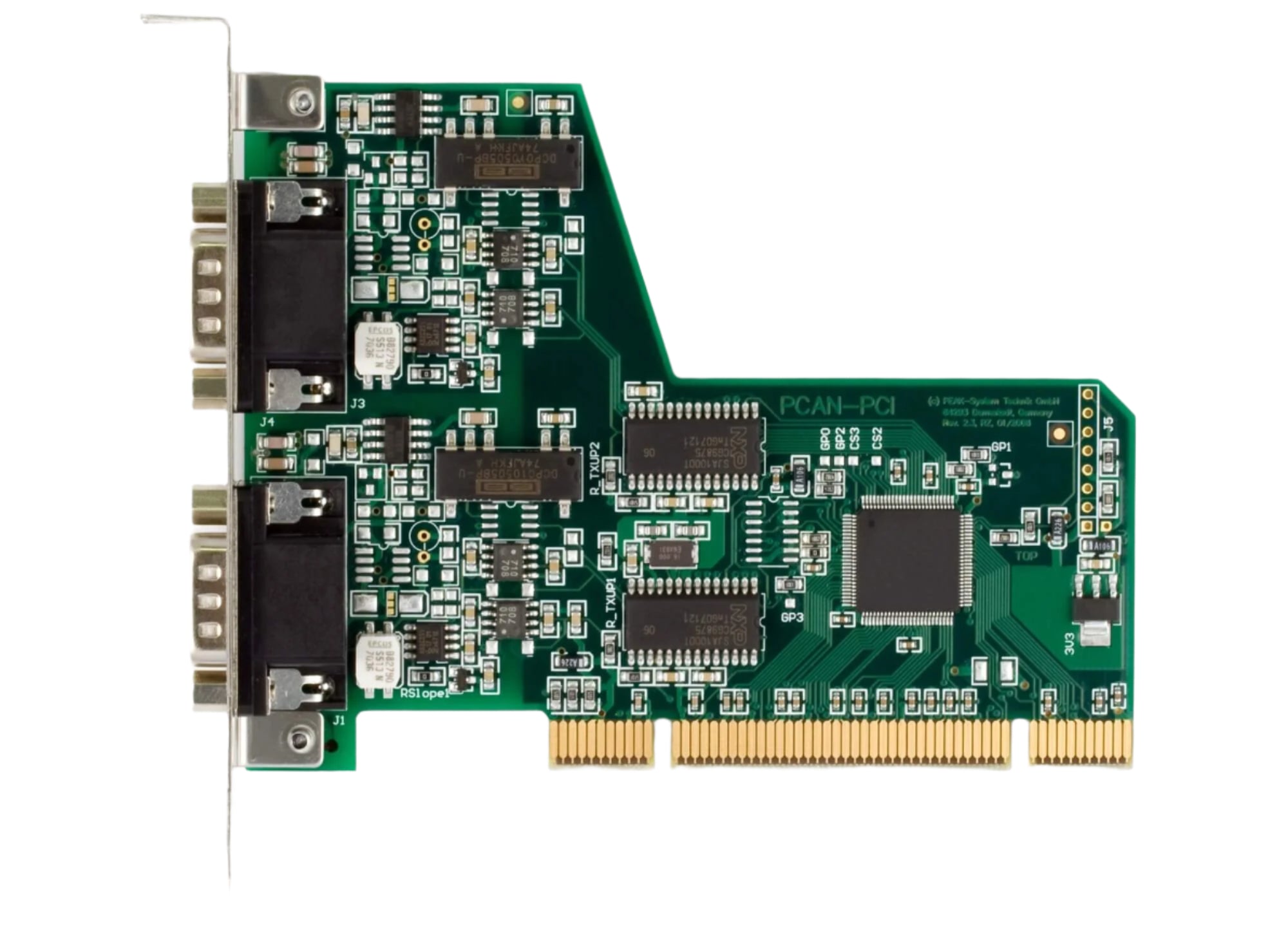 PCAN-PCI insert-card (1ch/2ch) IPEH-002065 and IPEH-002064 bare circuit board top down view