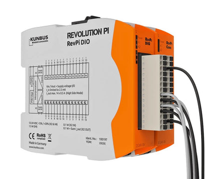 Kunbus KU-PR100195 RevPi DI Module front and side view with connector and cords view