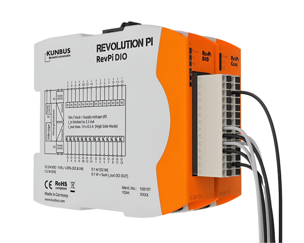 Kunbus KU-PR100197 RevPi DIO Module front and right view with connectors