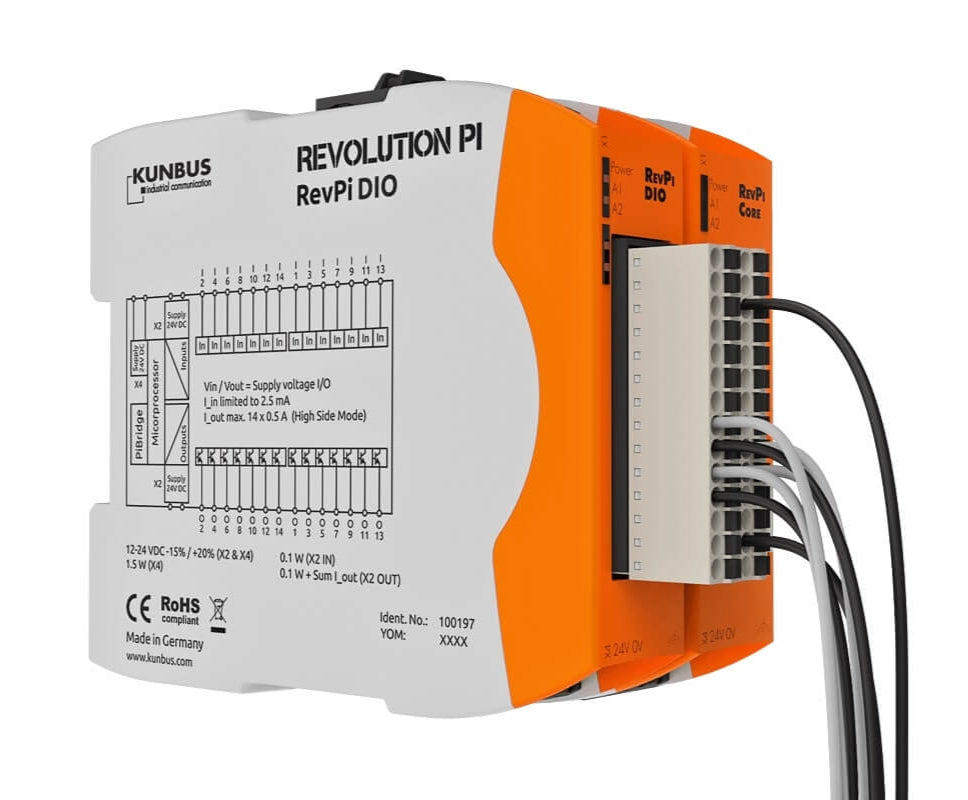 Kunbus KU-PR100196 RevPi DO Module front and side view with connector and cords