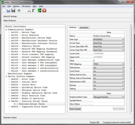 EtherCAT DeviceDesigner Data screen view